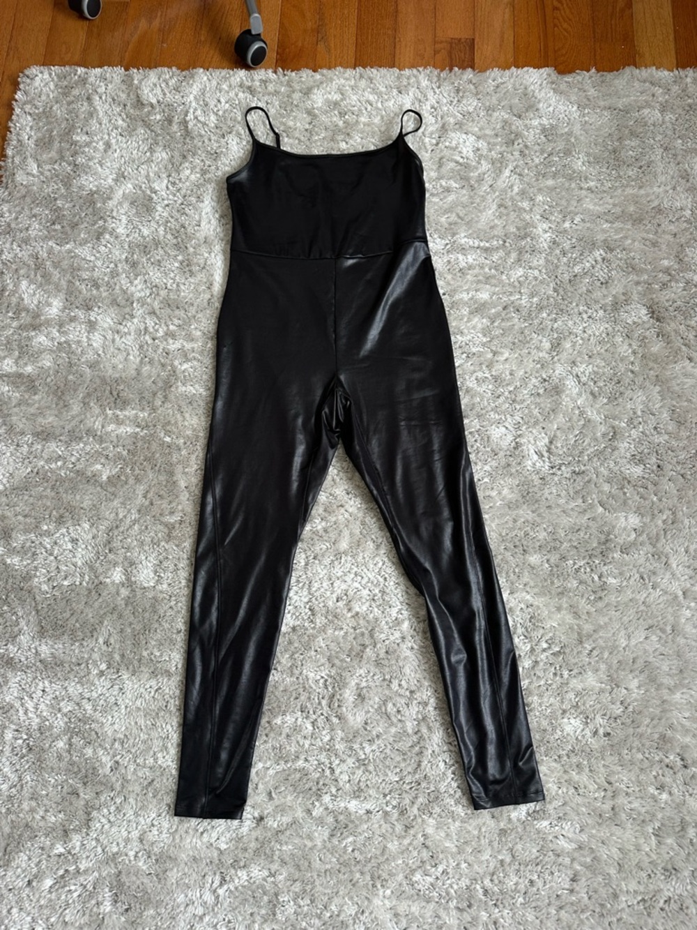 wild fable Black Faux Leather-Look Slim Jumpsuit with Spaghetti Straps
